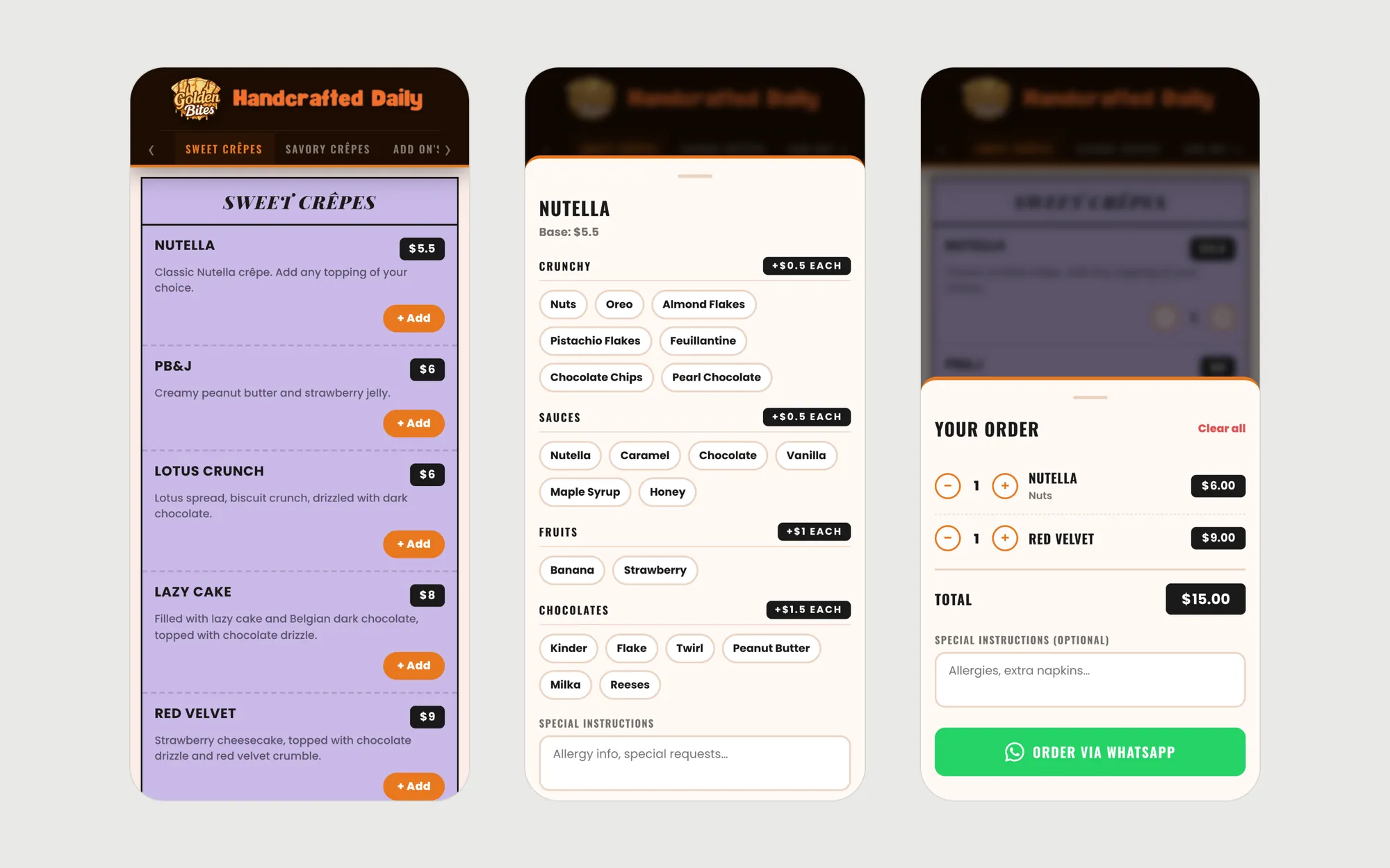 Golden Bites menu, add-on picker and order basket on three phone screens