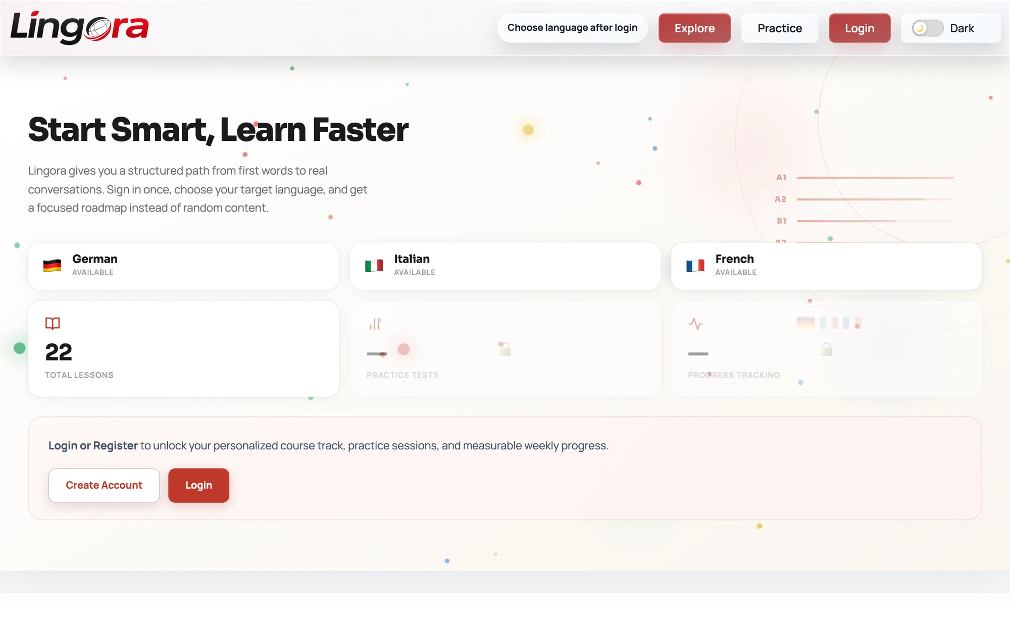 Lingora home page with German, Italian and French courses