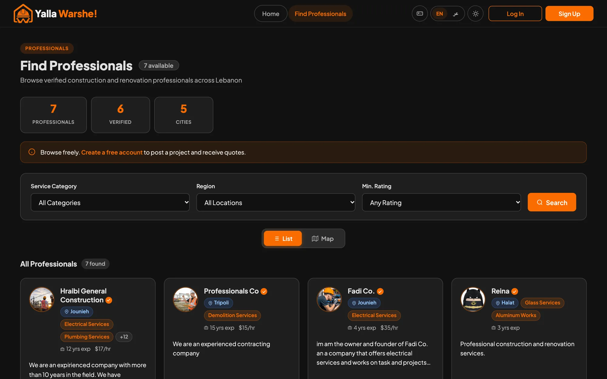 YallaWarshe professionals search with filters and verified profiles