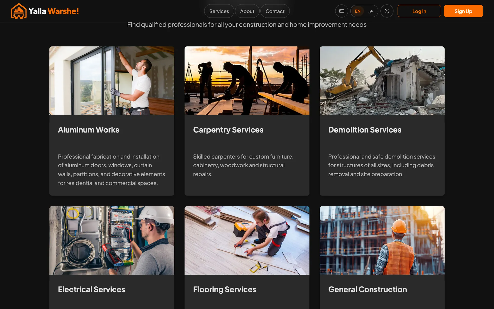 YallaWarshe service categories, from aluminium works to general construction
