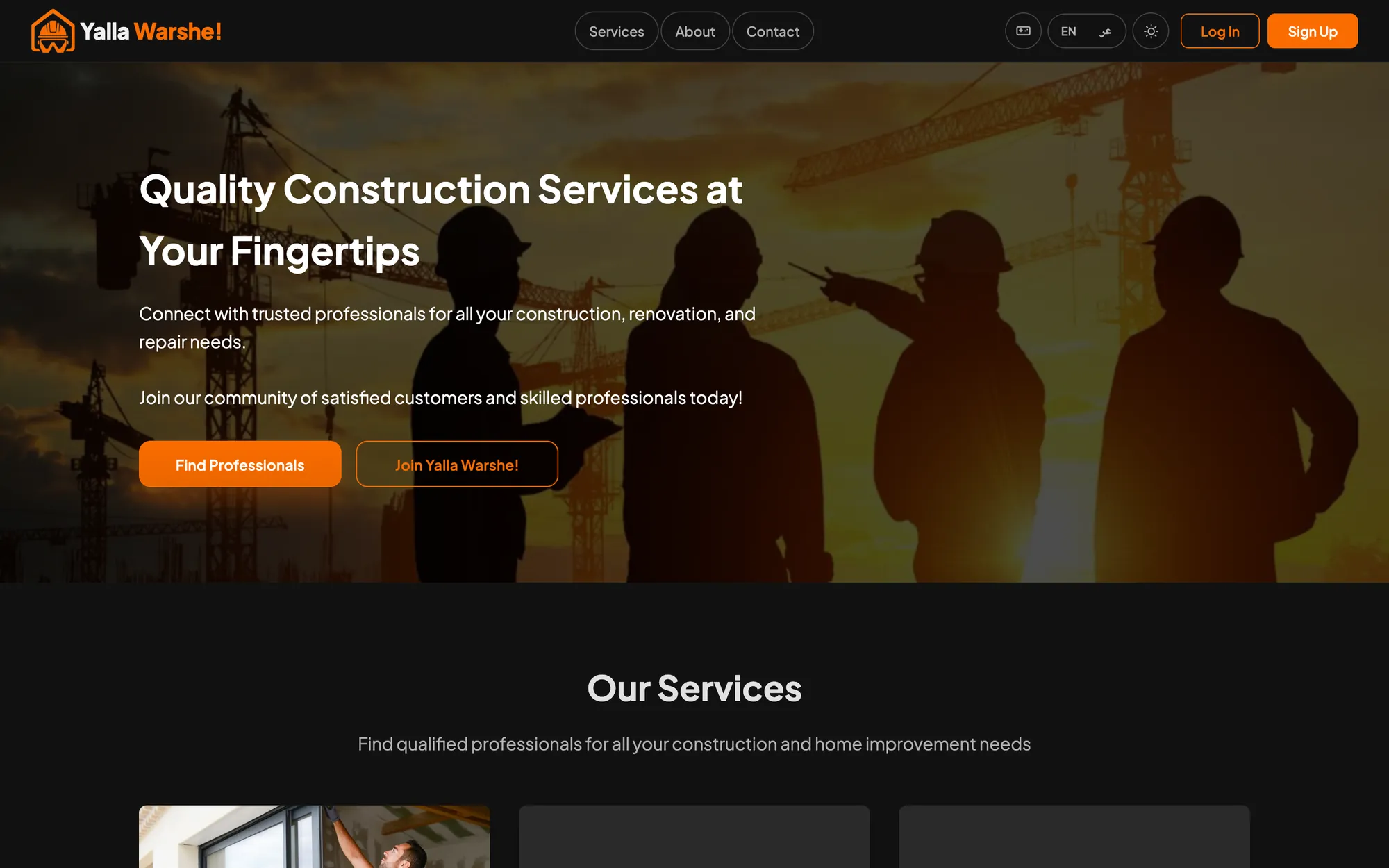 YallaWarshe home page: quality construction services at your fingertips